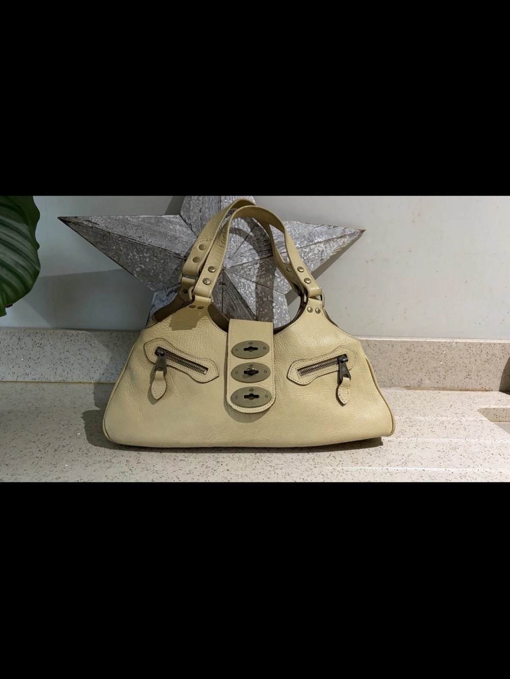 Mulberry Cream Leather Shoulder Bag with Stud Accents